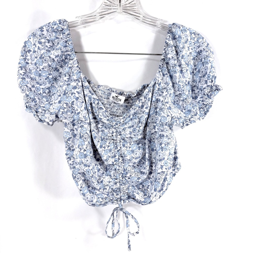 Hollister Crop Top Blue White Floral Ruched Smocked Puff Sleeve Womens Medium